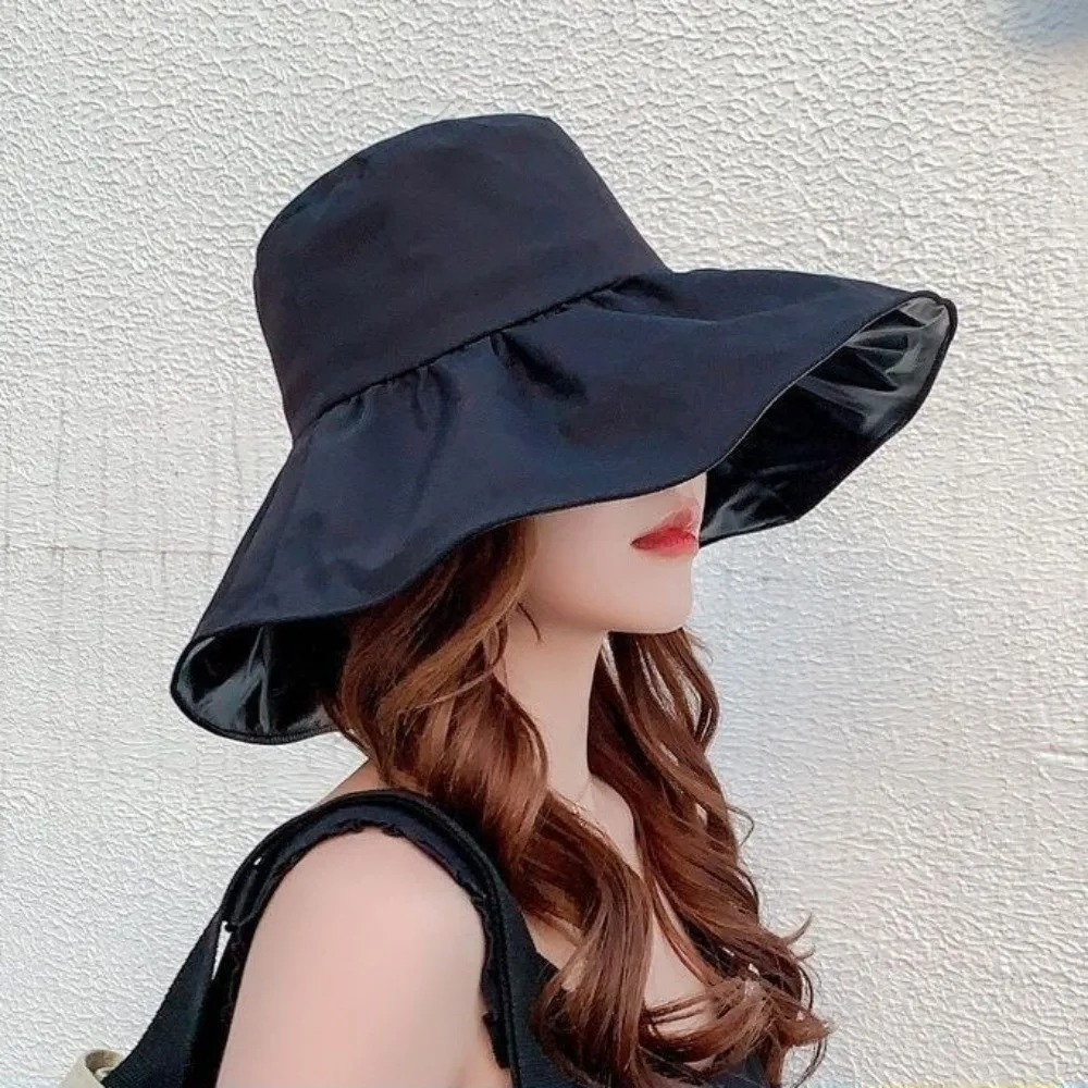 Solid Color Women Fisherman Hat Anti-Ultraviolet Foldable Wide Brim Sun Hat with Windproof Rope Sunshade Sun Protection Hat