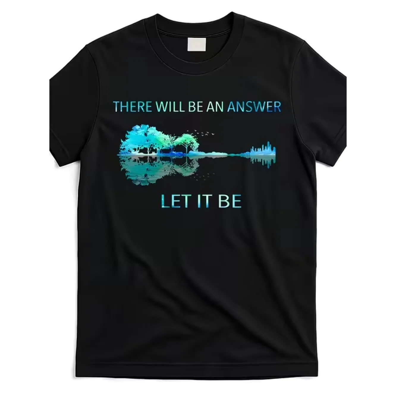 Mens Black Relaxed Fit T Shirt Featuring The Phrases An Answer And Along With A Graphic Print Of A Tree Reflection And City In Blue And Green This Nature Inspired Casual Crew Neck Tee Is Designed For Bot