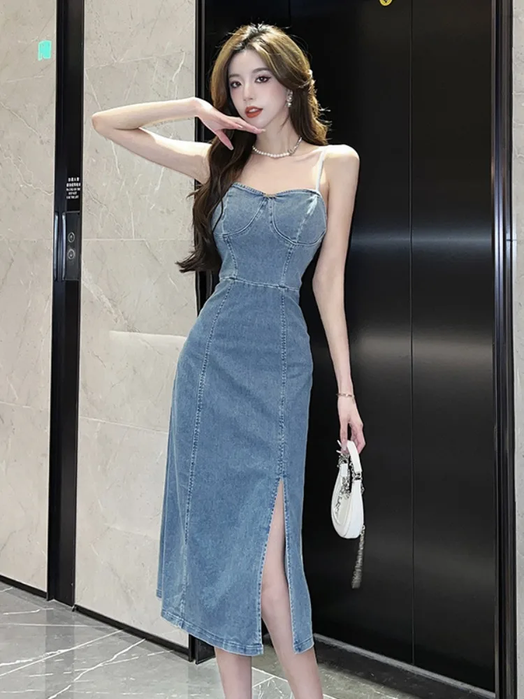 

Vintage Denim Spaghetti Strap Dress Women Summer New Elegant Skinny Slit Mid Length Slip Dress Sexy Female Jeans Dress