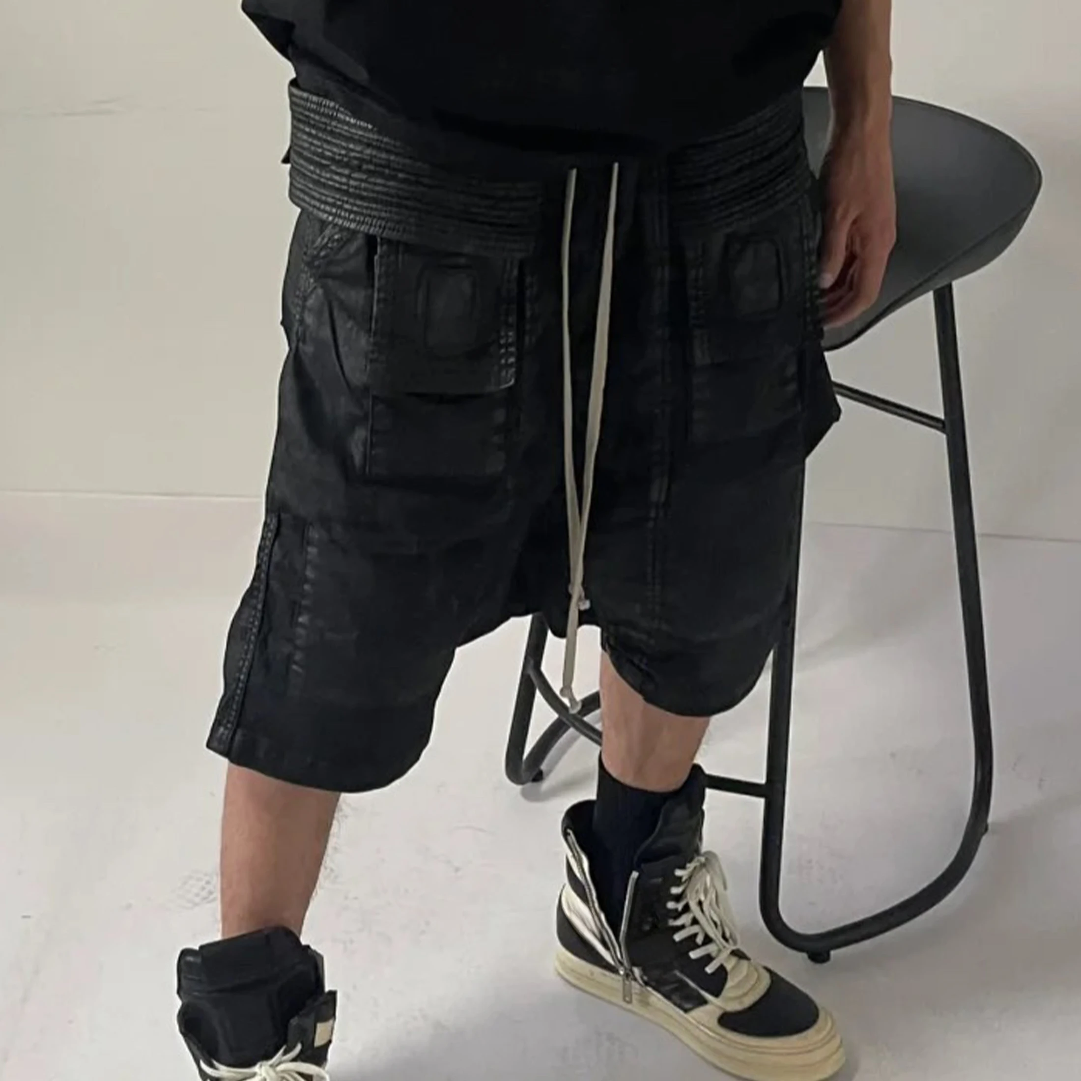 NIGO-Calça masculina retrô com cordão, shorts pretos finos, roupa de trabalho High Street nigo8794, primavera e verão