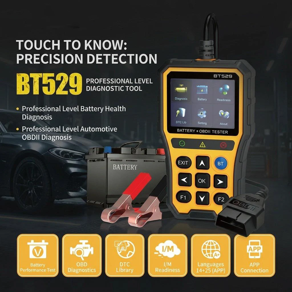 2026 BT529 Car OBD2 Scanner Diagnostic Tool Car Battery Tester 2-in-1 Check Engine Code Reader Live Data Battery Test