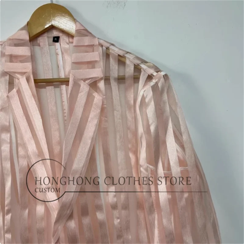 Pink striped see-through organza simple men's sun-protective jacket for summer layering, personalized casual suit
