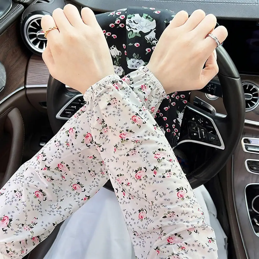 

New Floral Print Ice Silk Sleeves for Women UV Protection Arm Protectors Loose Fit Gloves Elastic Long Sleeves