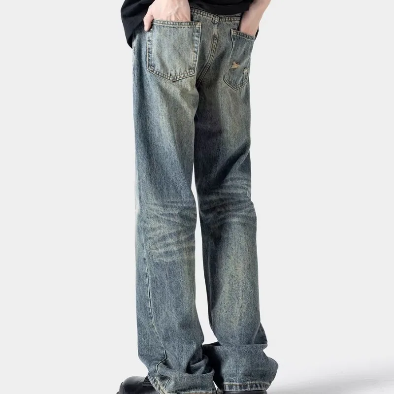 Men Vintage Faded Washed Flare Jeans,Retro Distressed Loose Wide Leg Denim Pants,Y2K Hip Hop Streetwear Baggy Bootcut Trousers