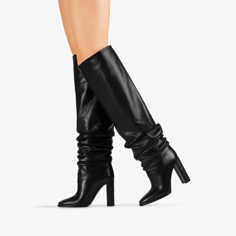 MKKHOU Fashion Knee High Boots Women New High-Quality Handmade Customized Leather Boots Pointed Toes Thick Heels Pleated Boots