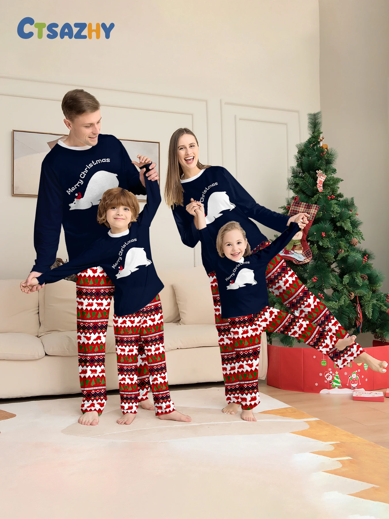 

Parent - Child Christmas Pajamas Set - Navy Tops & Patterned Pants, Polar Bear & "Merry Christmas" Prints