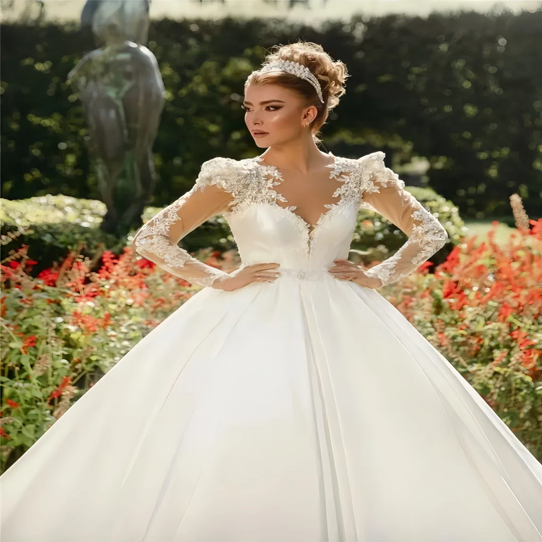 Customized Grace Satin Princess Wedding Dress Ball Gown Long Sleeve Party Bride Dresses vestidos de novia Bridal GownsVesttidos