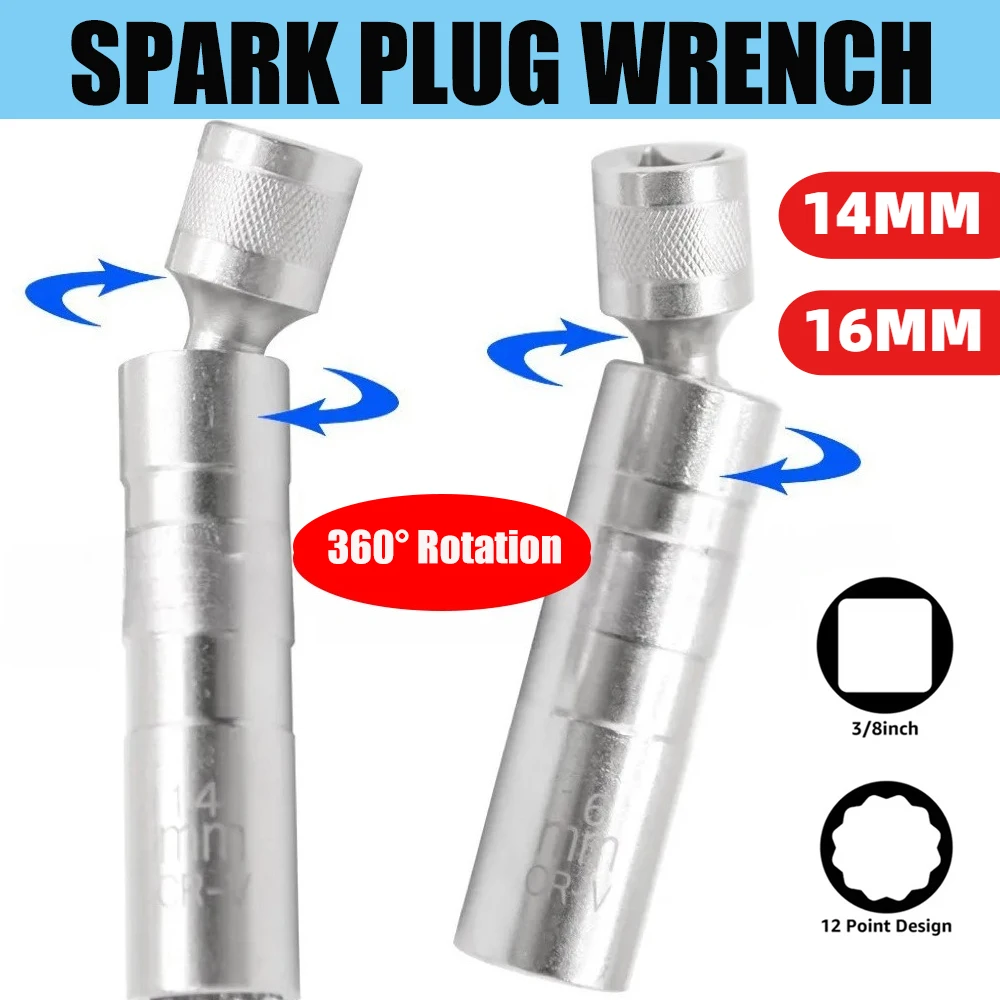 

Spark Plug Socket Wrench Removal Tool Magnetic Extension Socket Flexible Wrench 360° Rotatable 14/16 MM Automotive Repair Tool