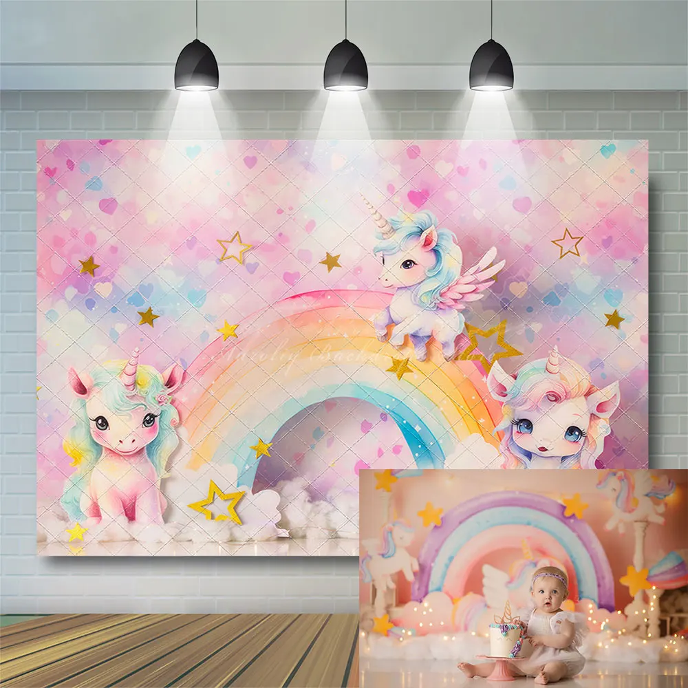 Happy Unicorn Photography Backdrop Miracle Rainbow Kids Cake Smash Photocall Decor Child Birthday Party Props Photo Background