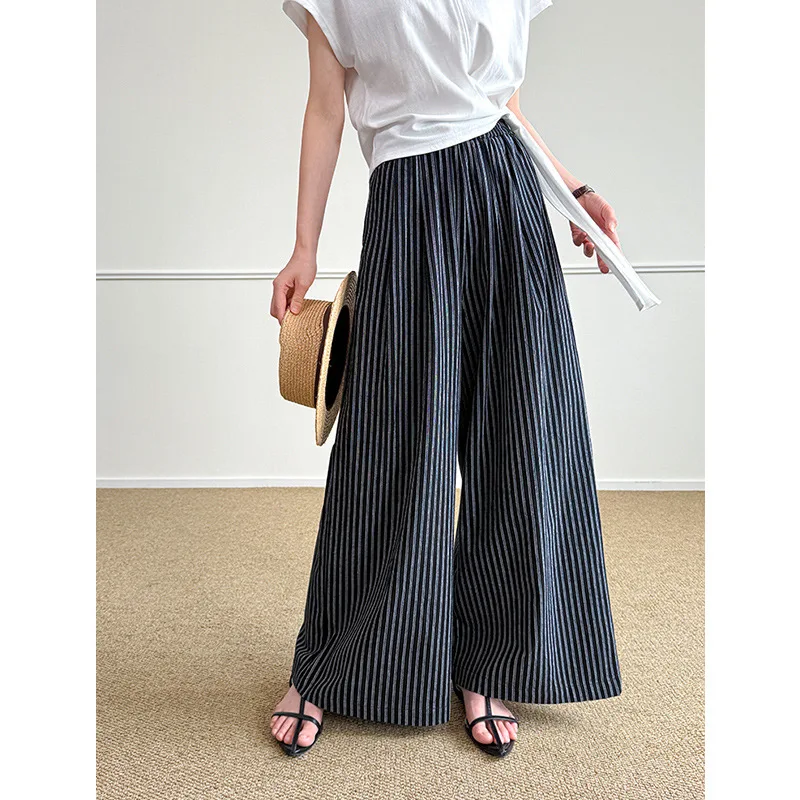 صيف جديد بسيط عمودي مخطط عارضة السراويل النسائية فضفاضة واسعة الساق الطابق التطهير السراويل #4