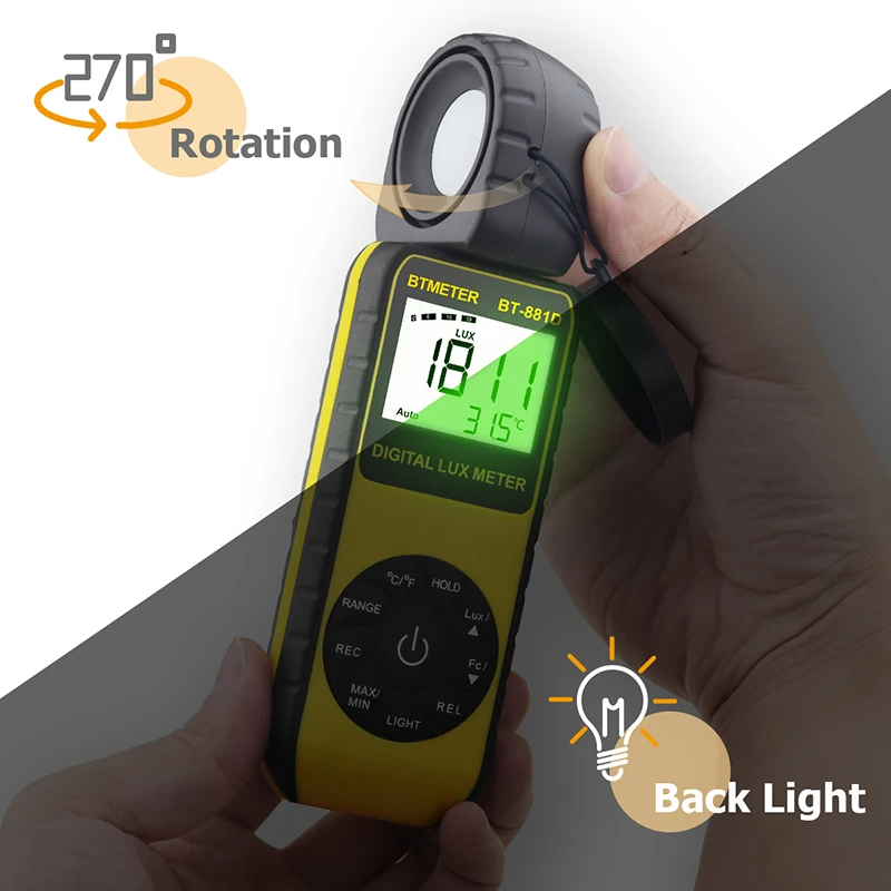 BTMETER BT-881D Digital Illuminance Handheld Light Meter 0.1~400,000 Lux 270º Rotated Sensor for Plants LED Lights Light Tester