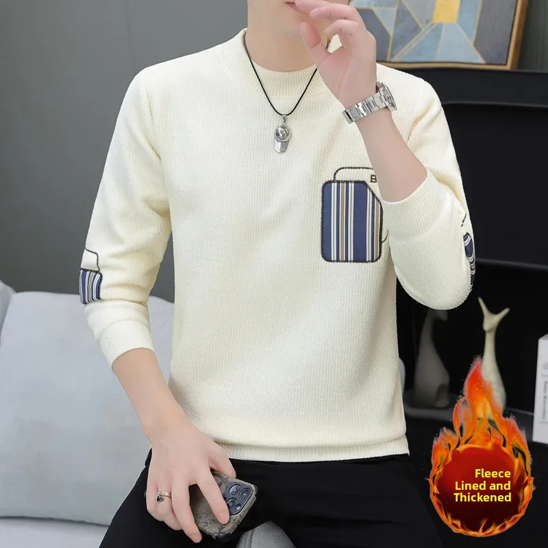 

Утепленный вязаный свитер для мужчин, осенне-зимняя новинка, теплая базовая кофта с круглым вырезом из полиэфирного волокна