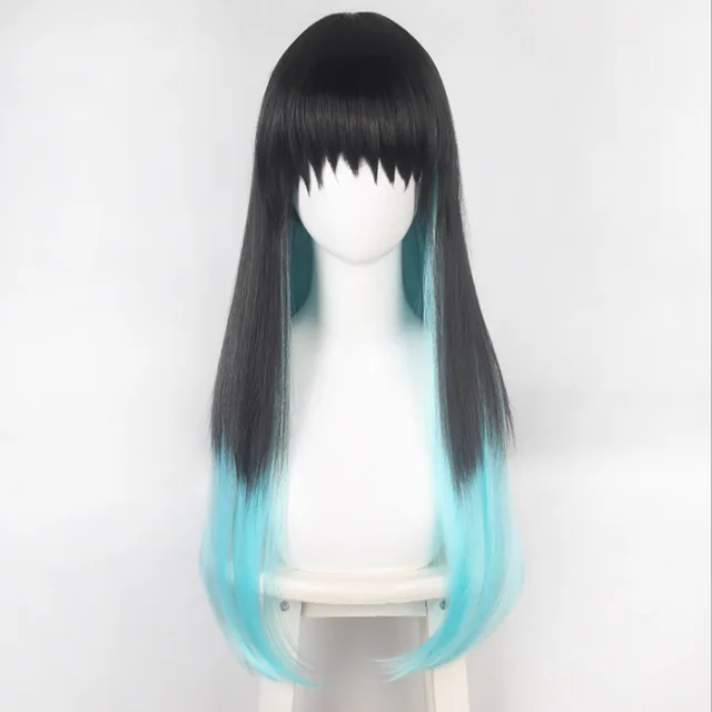 Kyojuro Rengoku "Flame Pillar" Bloco de cor gradiente preto misto azul e verde tranças duplas peruca cosplay