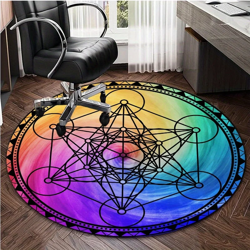 Vibrant Rainbow Pentagram Geometric Round Area Rug, Non Slip Durable Floor Mat, Decorative Accent Carpet for Living Room Bedroom