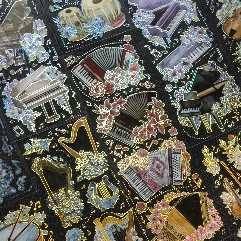 2 pieces 6 Piece Gold Holographic Stickers Elegant Melody Floral Instruments for Luxury Journals Invitations