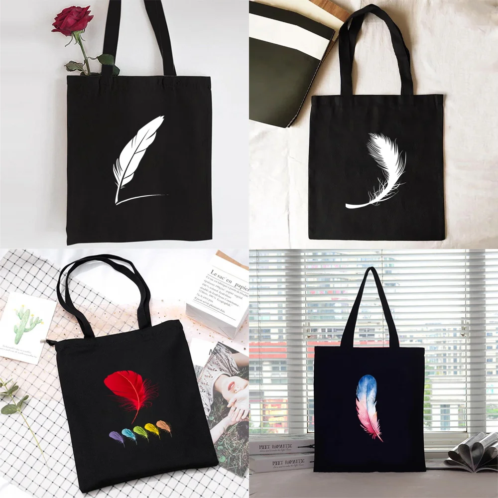 

Shopping Bag Women Handbag Shoulder Bag Ladies Shopper Canvas Bag Reusable Commute Large Capacity School Tote Bag Feather Print