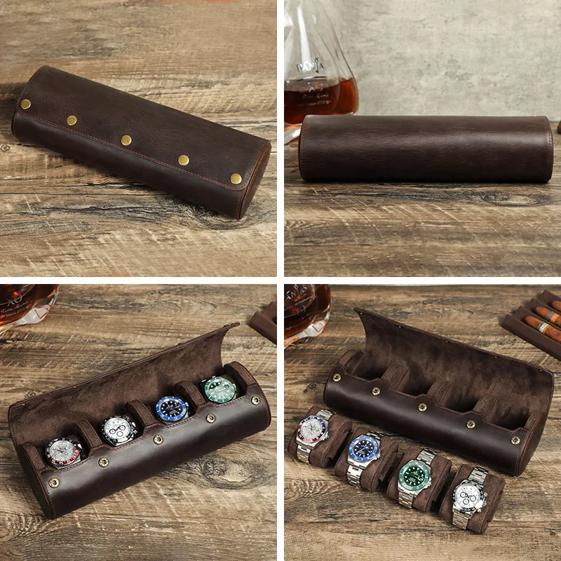 Four Sets Handmade Vintage Crazy Horse Leather Watch Cases Detachable and Portable for Outdoor Travel Convenient Watch Storage B