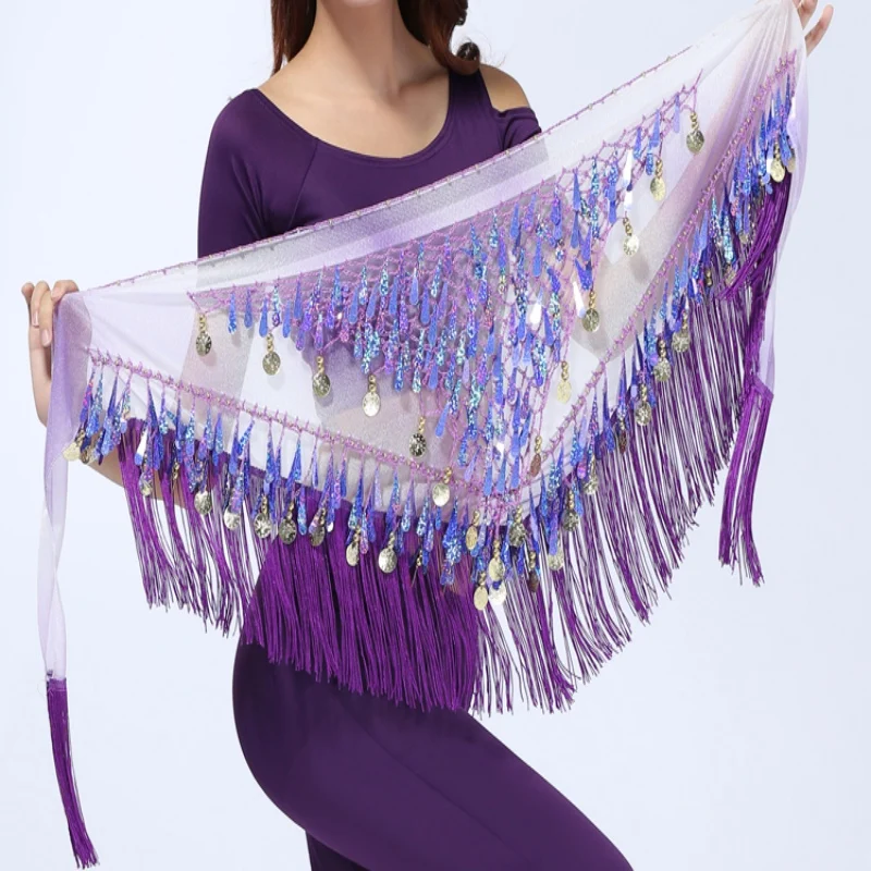 Women\'s Belly Dance Tassels Triangle Hip Scarf With Coin Sequins Colorful Waist Belt Triangle Skirt