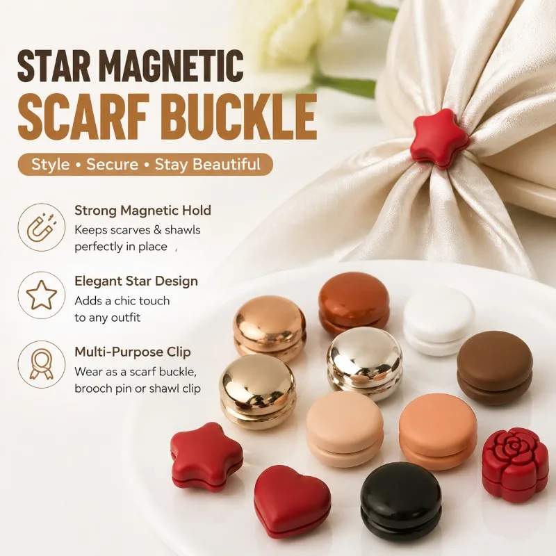 Star Magnetic Scarf Buckle Brooch Pin, Multifunctional Shawl Headscarf Clip, No Sew Decorative Clothing Fastener for Women
