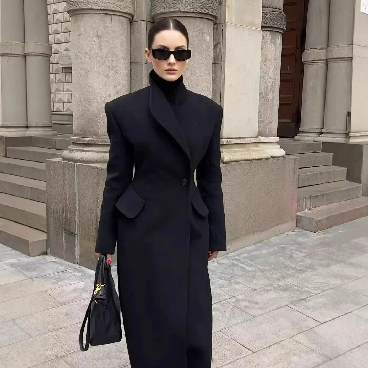 Autumn Winter Black Long Suit Collar Overcoat Women Slim Fitted Trench Coat Tweed Jacket Luxury Brand Outerwear Design Clothing