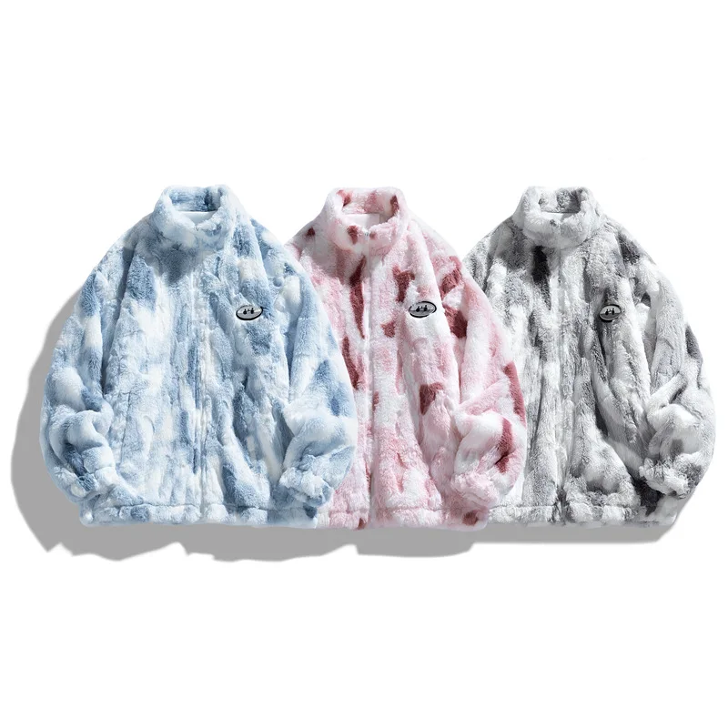 

Женская флисовая куртка с принтом тай-дай, зимнее теплое плюшевое пальто на молнии, Harajuku, повседневная свободная толстая верхняя одежда, женская мягкая куртка с капюшоном из ягненка