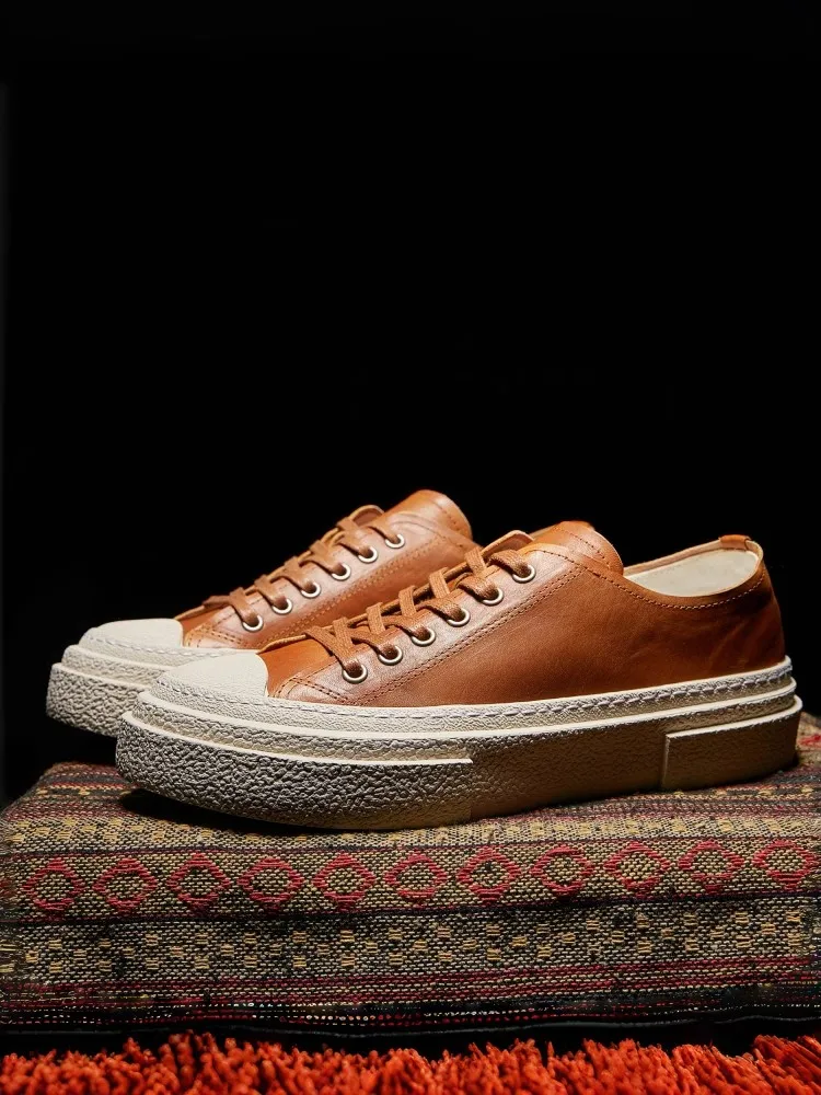New Mens Low Cut Lace Up Skateboard Shoes Horsehide Genuine Leather Casual Shoes Flats Joggers Sneakers Vintage Breathable Shoes