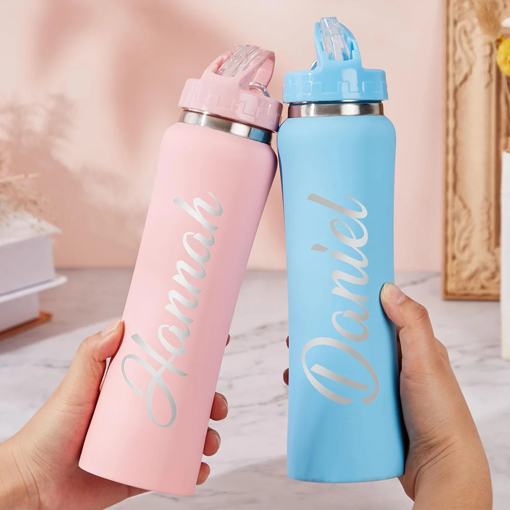 Personalized Name Stainless Steel Water Bottle with Straw Lid, Custom Engraved Insulated Sports Tumbler, Custom Name Travel Cup. view 4