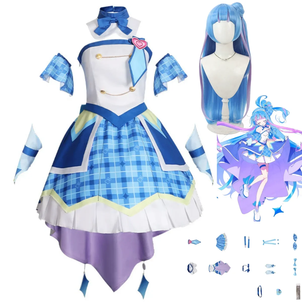 

Blue White Princess Dress Lolita Skirt Wig Woman Kawaii Masked Ball Suit Anime You and Idol Precure Aokaze Nana Cosplay Costume