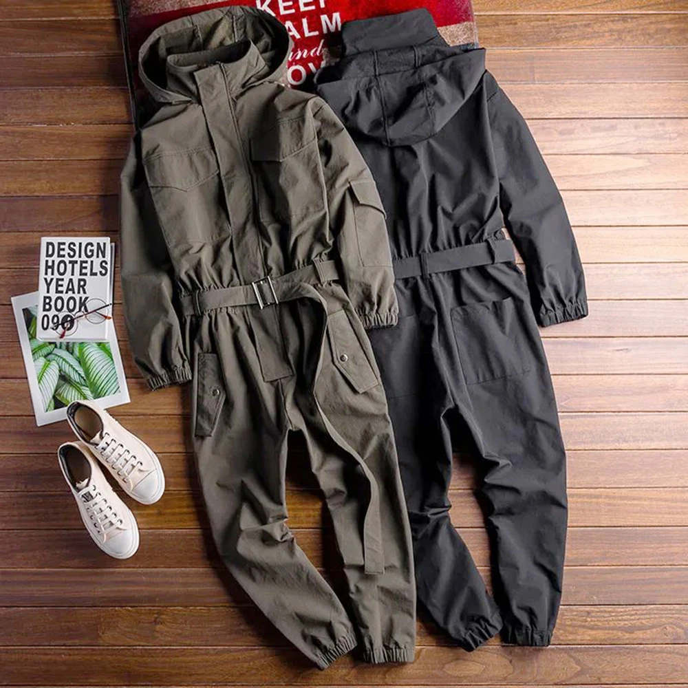 2024 Spring And Autumn New Hip-Hop Retro Workwear Jumpsuit Mens Casual Loose Long-Sleeved Khaki Hooded Jumpsuit Suit For Men