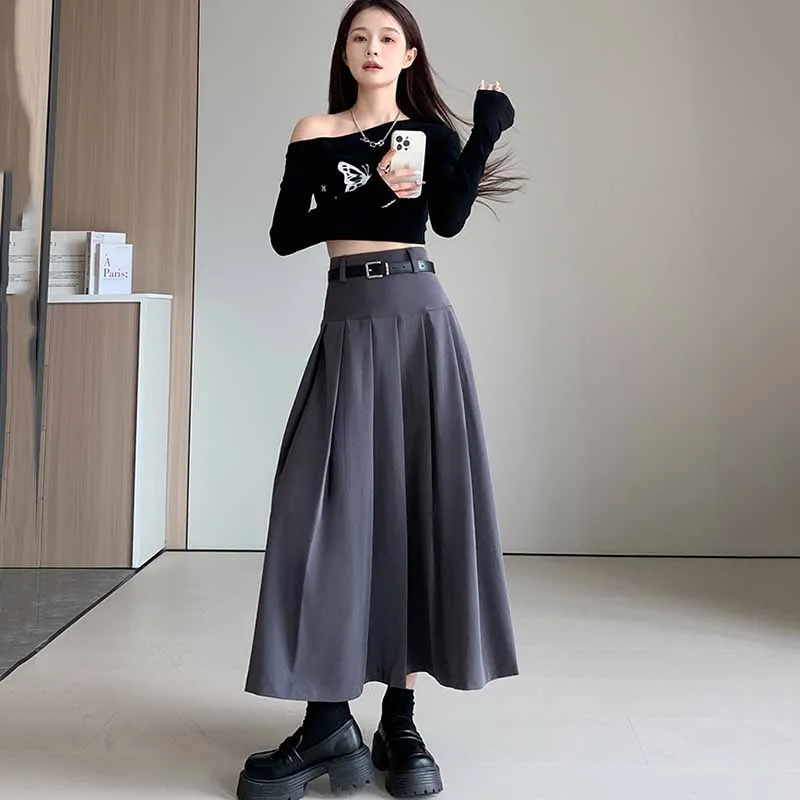 Womens Fashion High-Waisted Pleated Skirts Solid Color Versatile Large Swing Maxi Skirt Preppy Style A-Line Mid-Length Skirts
