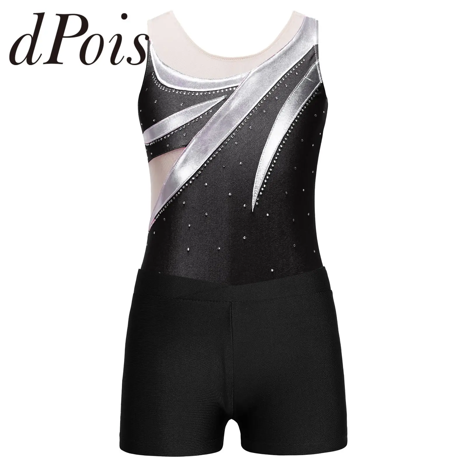 

Kids Girls Sleeveless Metallic Gymnastics Leotard with Shorts Children Ballet Dance Outfits Dancewear Teen's Skating Jumpsuit