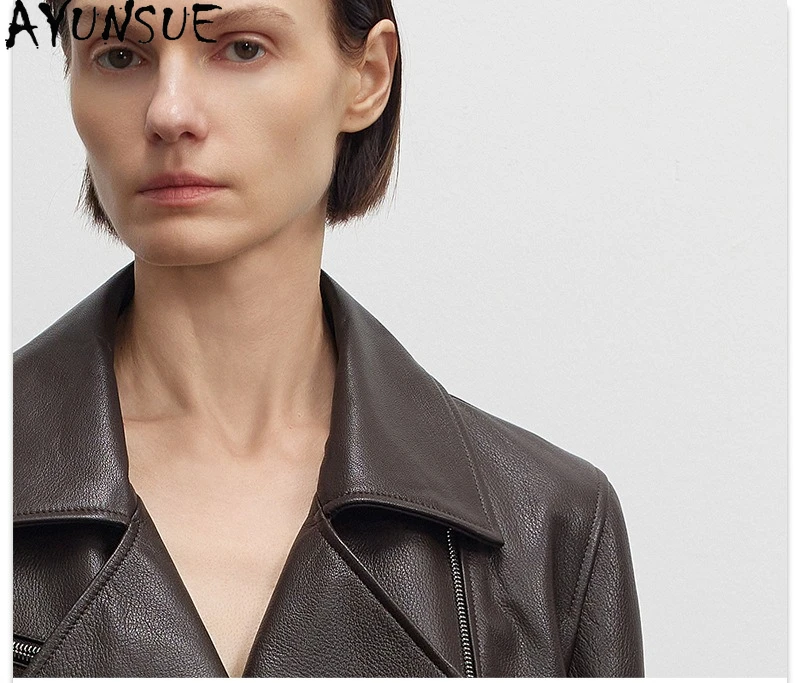 AYUNSUE High-end หนังแพะของแท้หนังแจ็คเก็ตผู้หญิง 2025 สีดําแจ็คเก็ตสตรีฤดูใบไม้ผลิฤดูใบไม้ร่วงเสื้อผ้า Slimха Ж