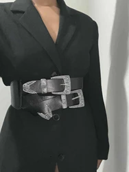 Women's PU Belt Retro Carved Alloy Buckle Double-Row Belt Wide Belt Versatile Jeans Clothing Accessories