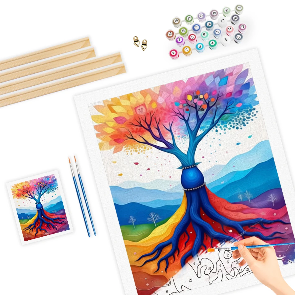 لوحة RUOPOTY بالأرقام رسم شجرة تجريدية رسم بالأرقام لوحة زيتية مرسومة يدويًا على القماش طقم طلاء ديكور المنزل