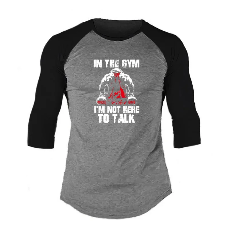 Mens Patchwork Gym Bodybuilding T-shirts Slim Fit Running Cotton Clothing Autumn Three Quarter Sleeve Fitness Muscle Shirts