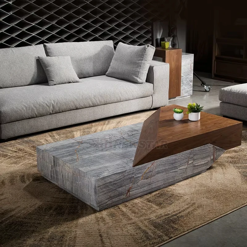 

Modern Nordic simple marble center coffee table set natural walnut bracket living room furniture stone