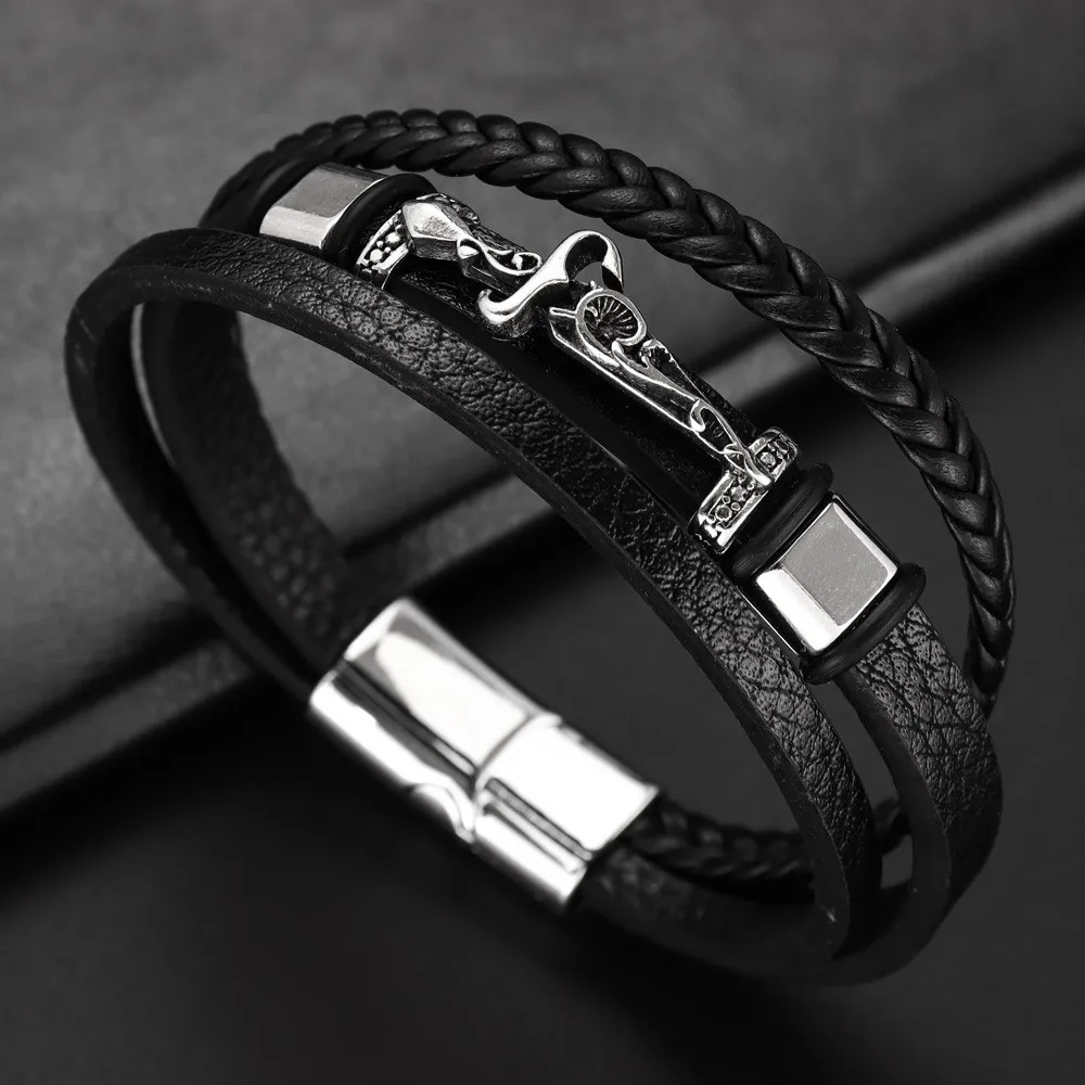 Trendy Multi-Layer Leather Woven Sword Cross Bracelet Charm Men\'s Bracelet New Fashion Hip Hop Punk Jewelry Accessories Gifts