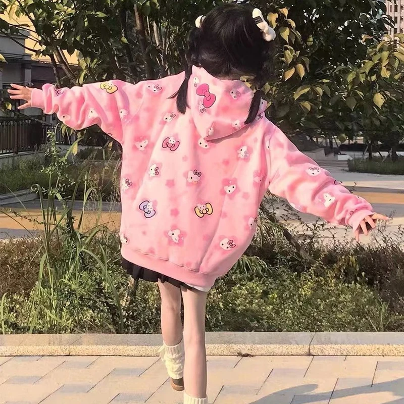 Sanrios Hello Kitty Cute Sweet Girl Hooded Sweater Trend Casual Zipper Cardigan Girls Autumn and Winter Long-Sleeved Jacket