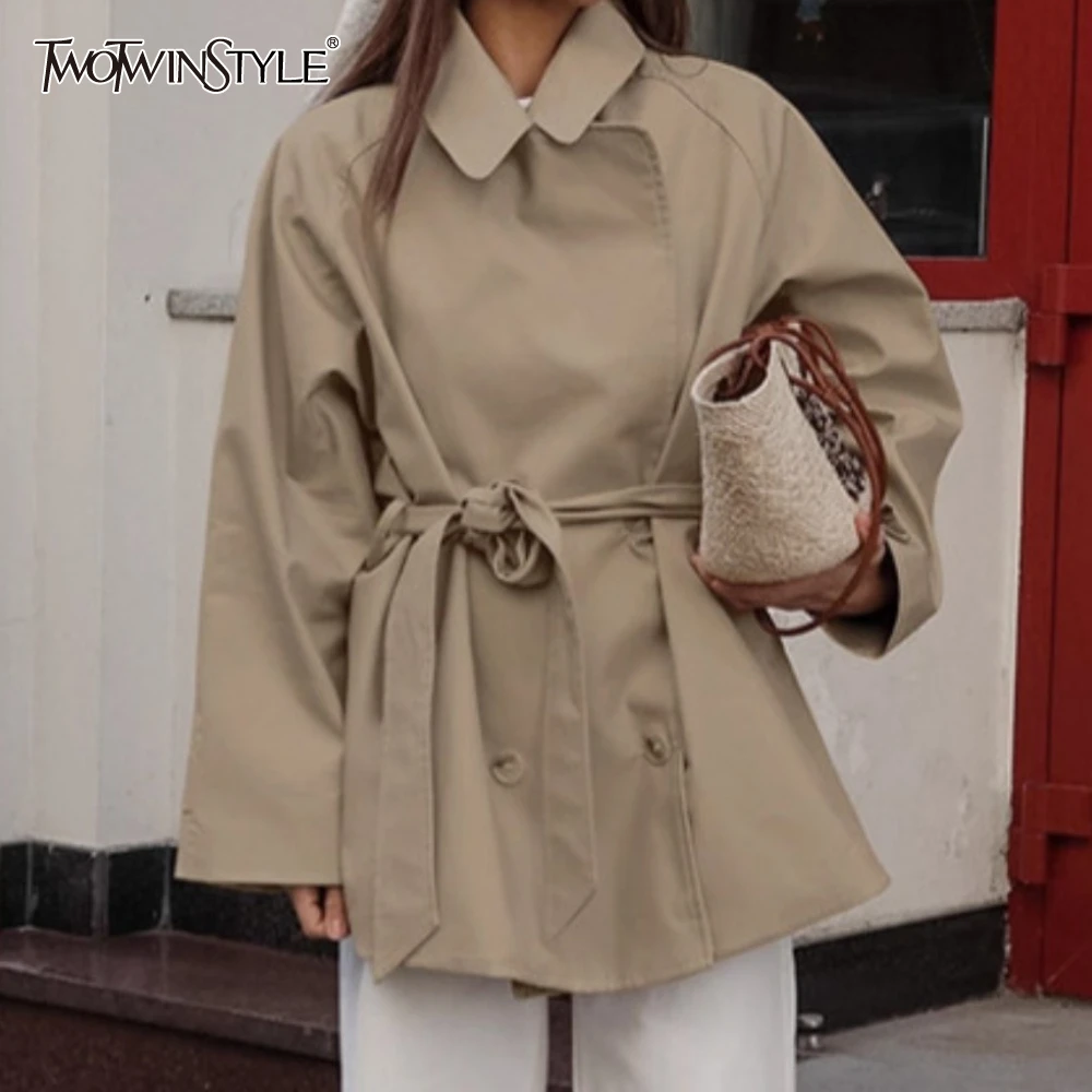 

TWOTWINSTYLE Basics Fashionable Trench Coat for Women Lapel Long Sleeve Patchwork Lace Up Mid Length Khaki Jacket Female Autumn