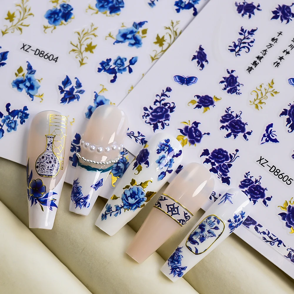 1 szt. Niebiesko-białe naklejki na paznokcie 3D z porcelany, retro chiński styl, piwonia, koi, samoprzylepne naklejki na paznokcie, złote stemple, manicure, slider