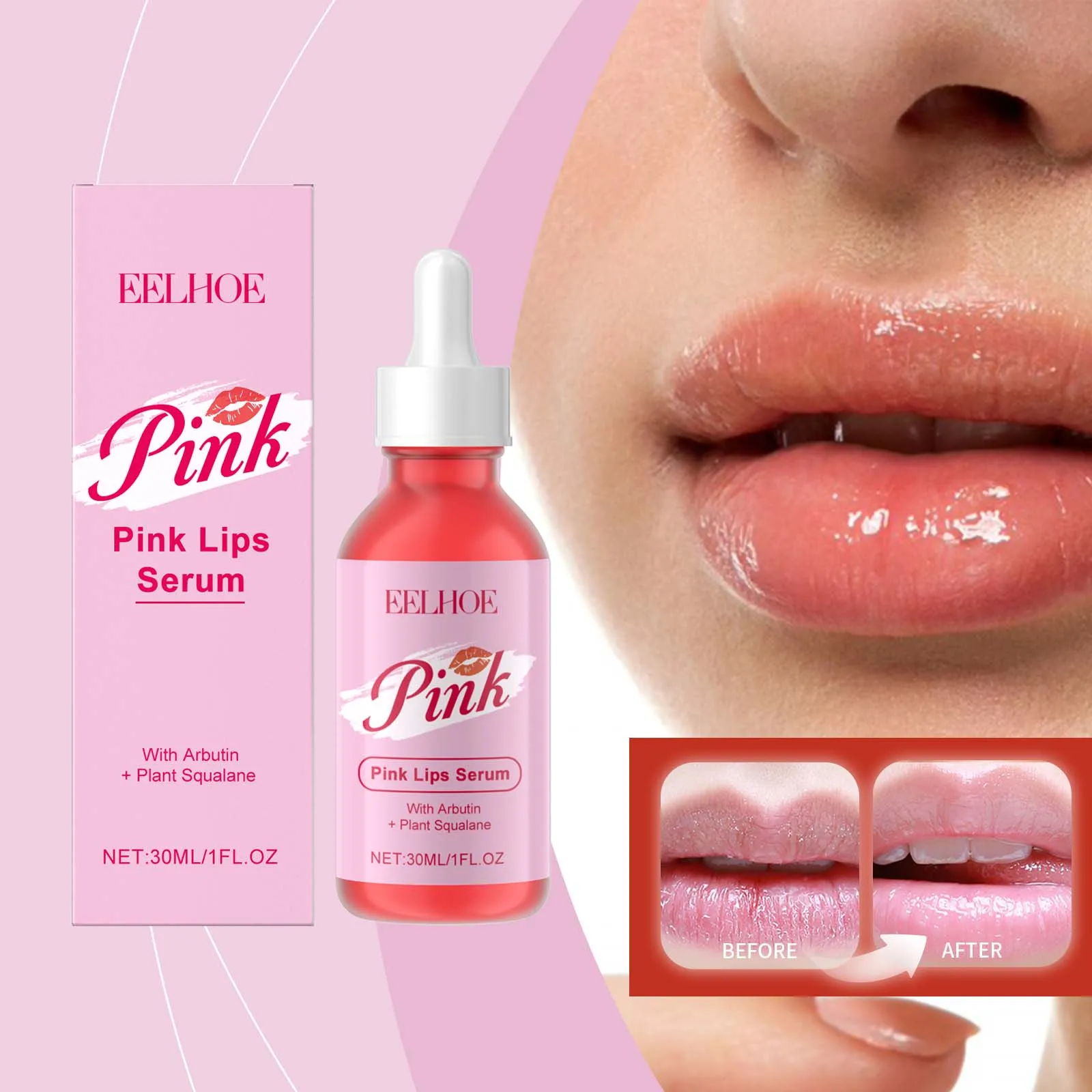 아르부틴 & 스쿠알란이 함유된 핑크 립 세럼 - 립 플럼퍼 & 브라이트너 트리트먼트 - 천연 립 틴트 효과
