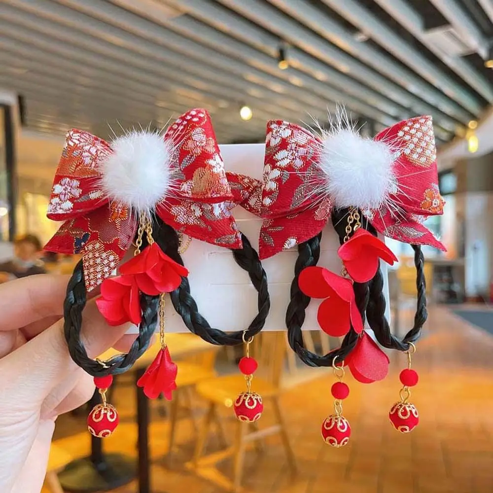 Bowknot Headdress Tassels Barrettes Flowers Hairpins Children Wigs Hairpins Kids Chinese Hair Clips Chinese New Year Hairpins