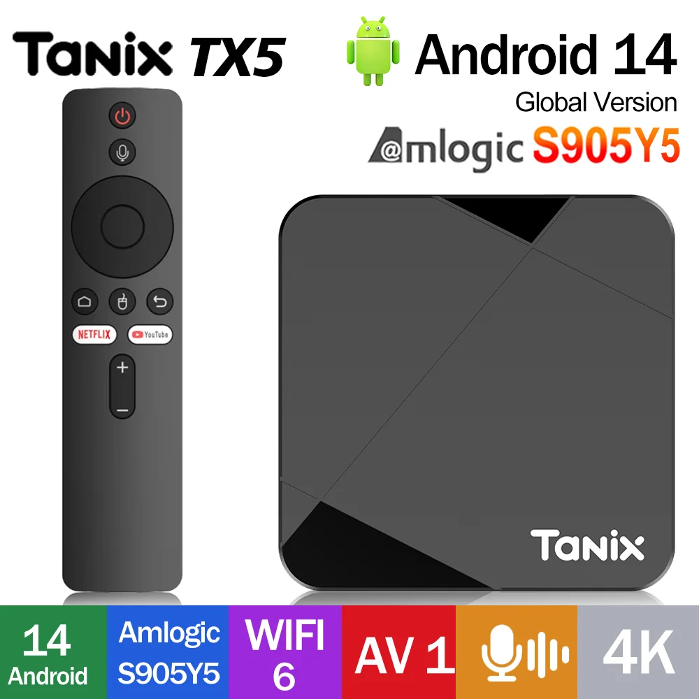 Tanix TX5 TV Box Android 14 Amlogic S905Y5 con 2G 16G 4G 32G 64G, compatible con 4K Ultra HD, Wifi Dual, configuración Wifi 2T2R, HDR, Set Top Box