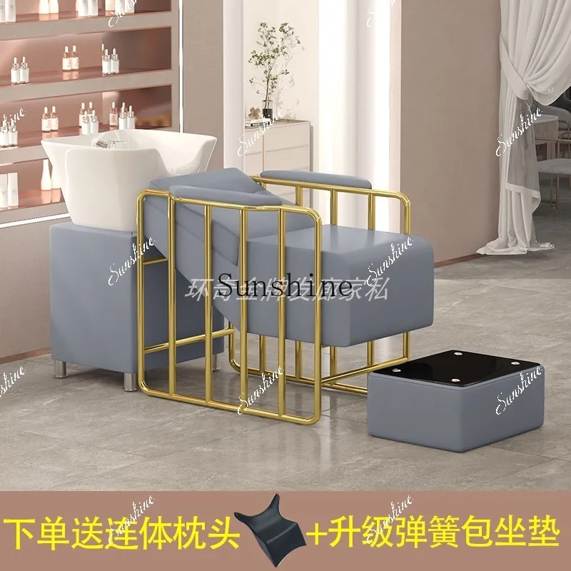 Barber shop special shampoo bed gold-plated stainless steel flush ceramic basin FT