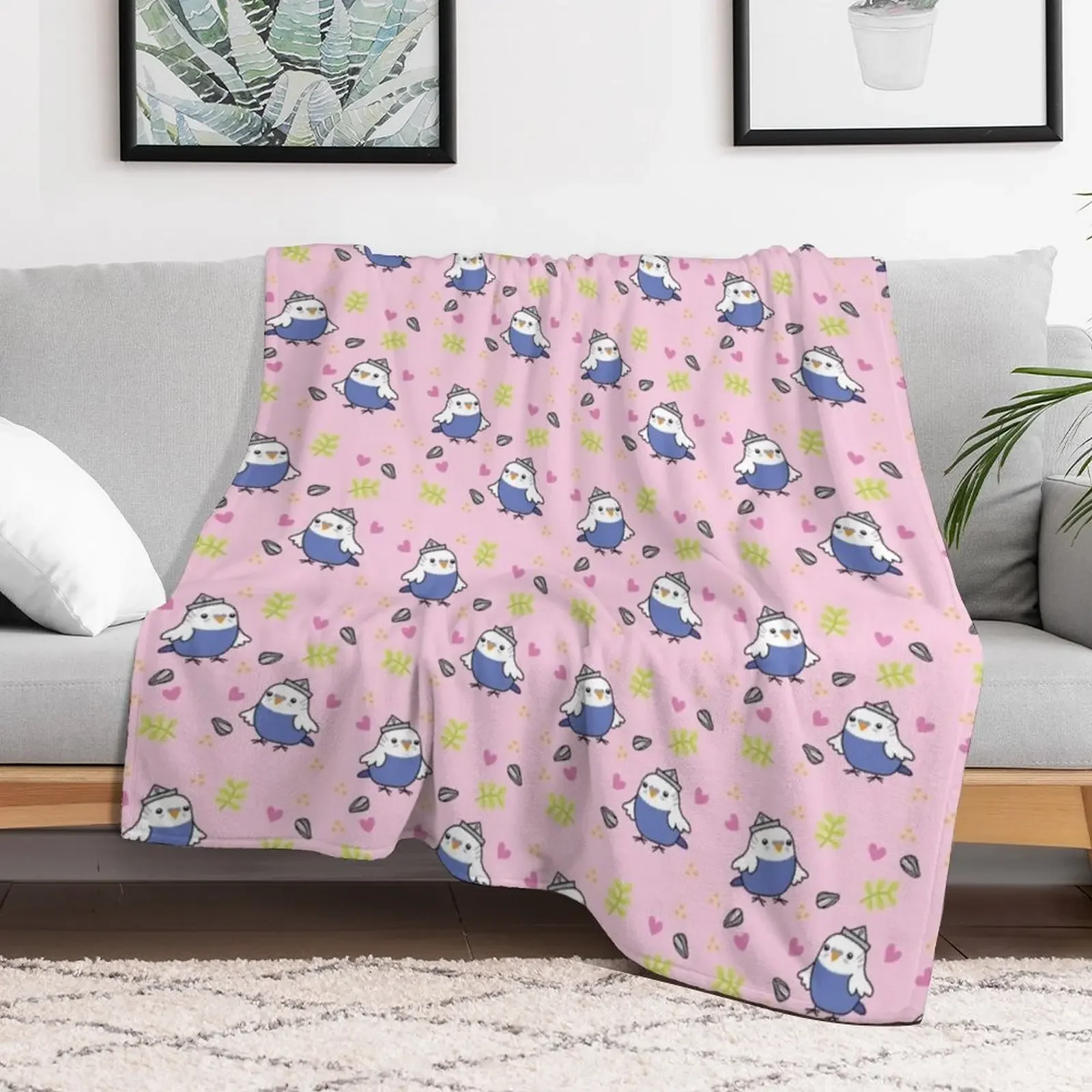 Cute Blue Budgie - Pink Throw Blanket Heavy anime Soft Beds manga Blankets