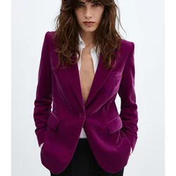 Abrigo de terciopelo de otoño e invierno para mujer, abrigo ajustado morado de un solo pecho, ropa informal cómoda y elegante para mujer