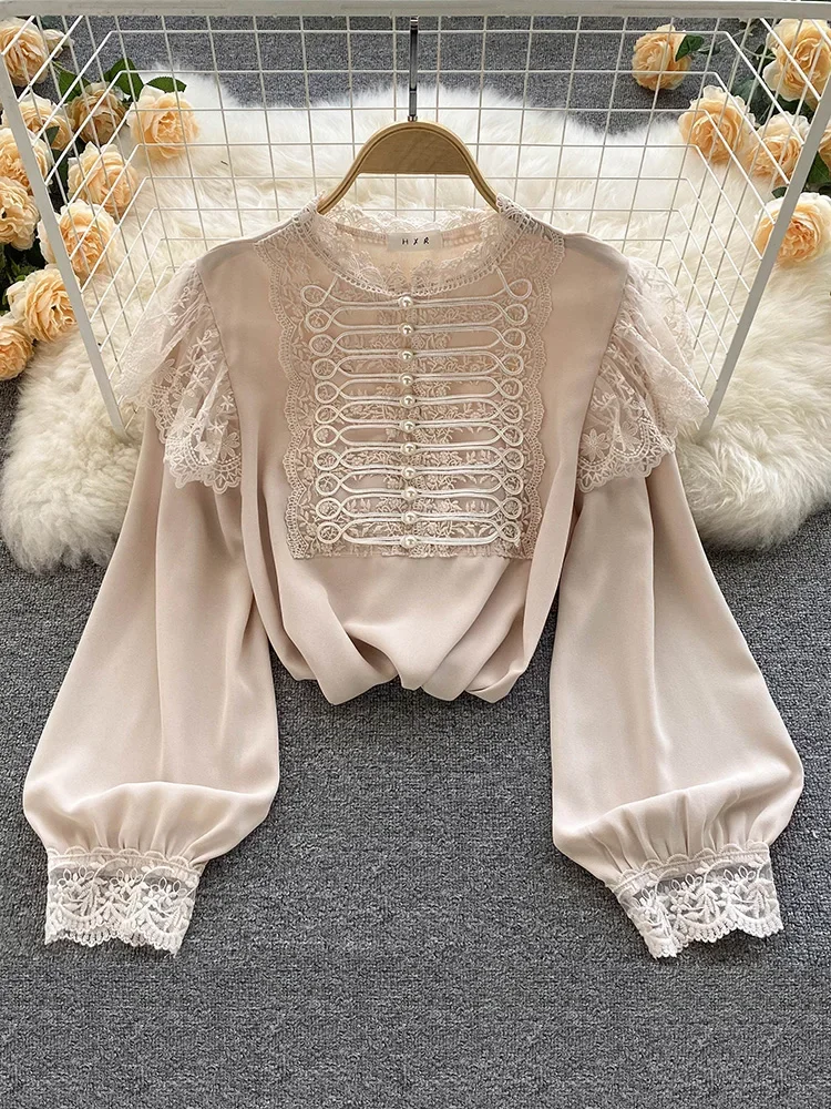 Autumn Spring New Fashion Chiffon Blouse Female Lace Stitching Puff Sleeve Blusa Self-cultivation Retro Buttoned Shirt KK1783