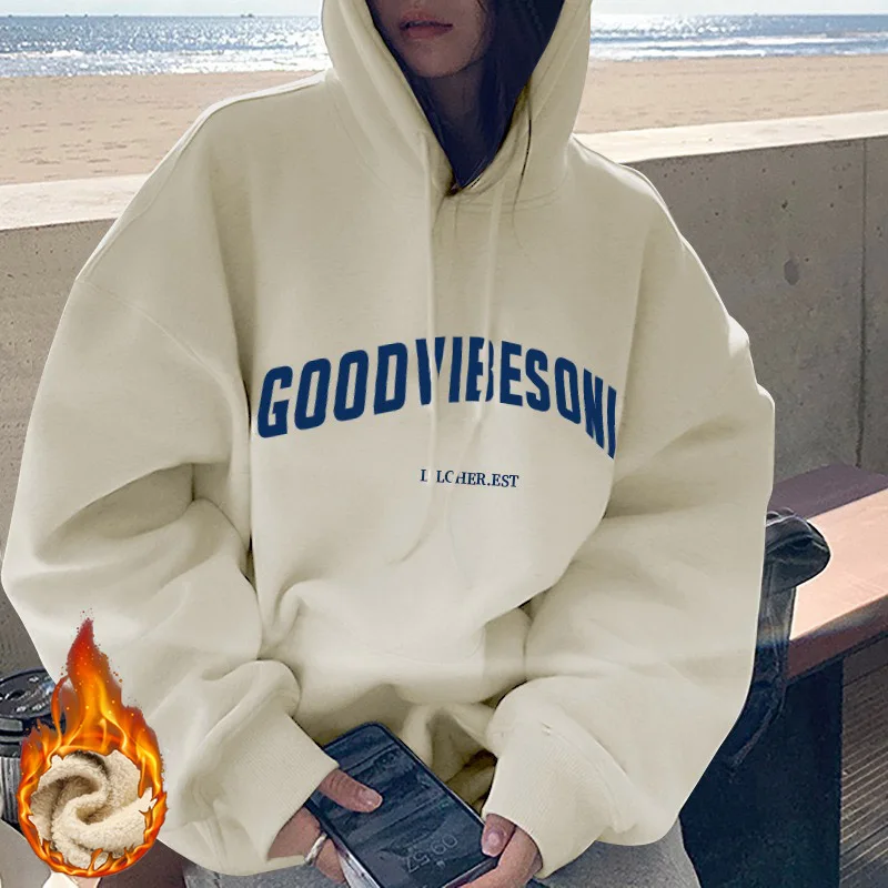 Women Korean Style Hooded Sweatshirt Letter Graphic Relaxed Fit Daily Casual Long Sleeve Pullover Streetwear Concise Top