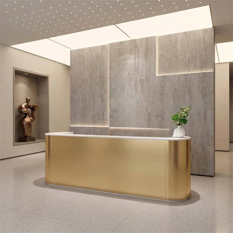 & Contemporary Curved Reception Desk Stainless Steel Salon checkout Counter Professional Countertop Stylish Curved Cashier Count