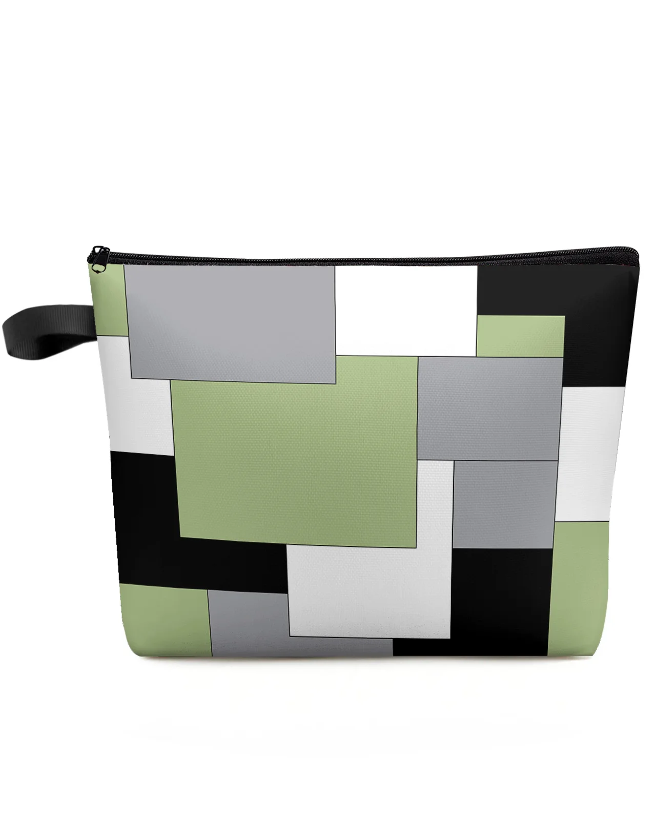 Green Black Grey Patchwork Abstract Art Custom Travel Cosmetic Bag Portable Makeup Storage Pouch Women Waterproof Pencil Case